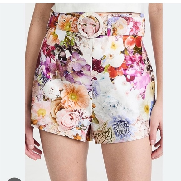 Zimmermann Pants - Zimmermann Multicolor Flower Belted Shorts
